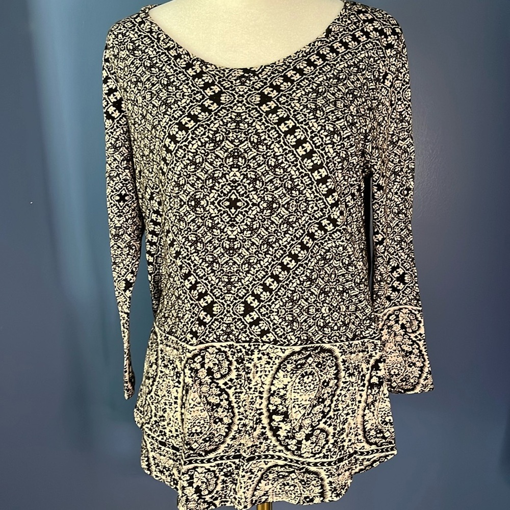 Lucky Brand black/tan batik block print top, 60% cotton & 40% modal, 3/4 sleeves